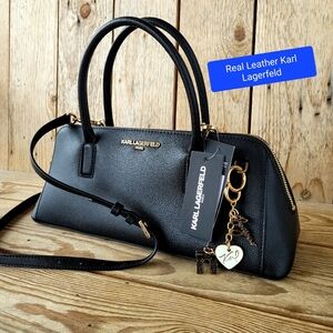 Karl Lagerfeld Black Real Leather Tote Crossbody Handbag